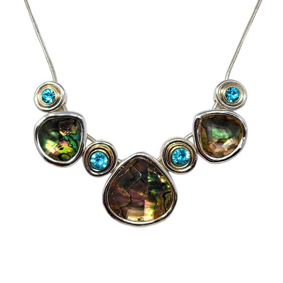 Statement Collar Necklace Abalone Shell Blue Green Silvertone Jones New York - Picture 1 of 8